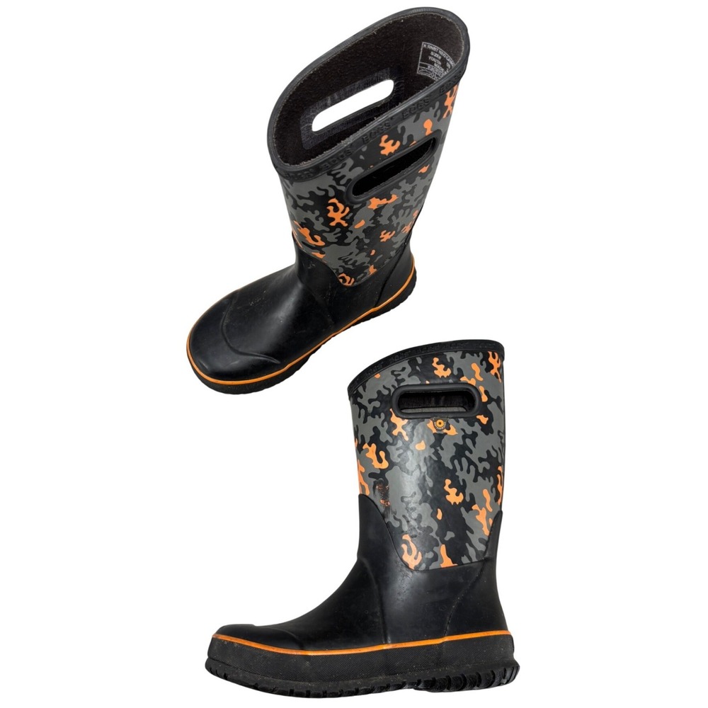 Bogs Kids Classic Rain Boots Camo Black Orange Waterproof Pull On Kids Size 2